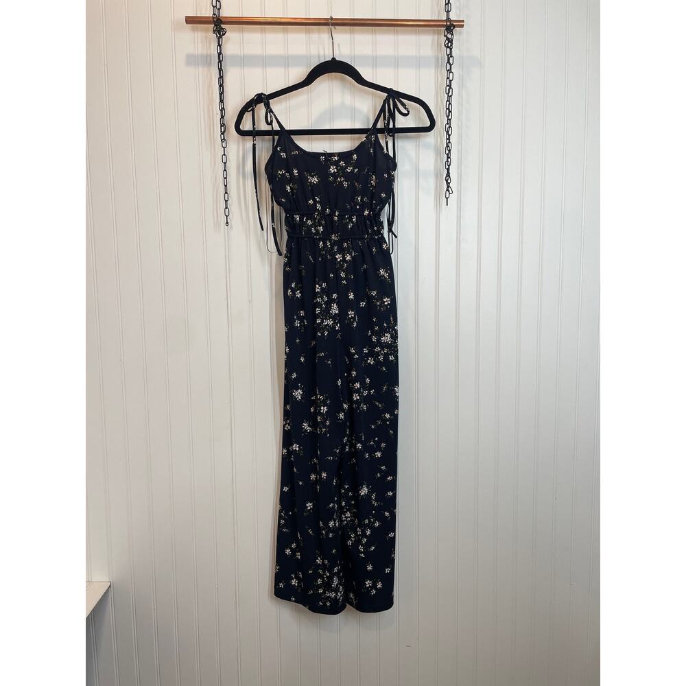 Aqua Navy Floral Tie Strap Wide Leg Jumpsuit Size XS